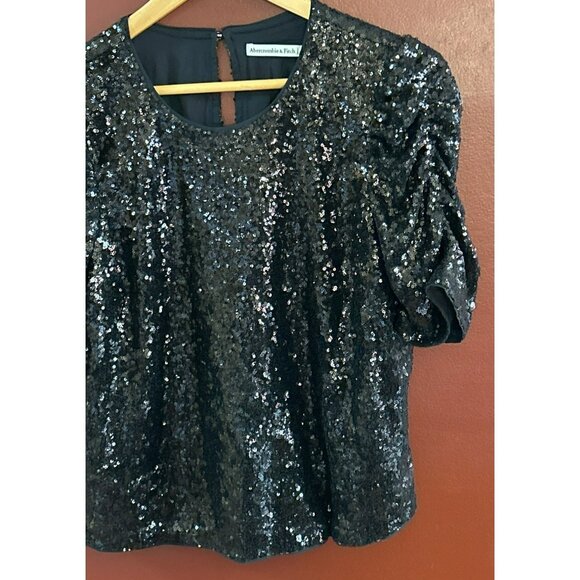 Abercrombie & Fitch Black Sequin Puff Sleeve Ruched Sleeves Medium Round Neck - Picture 2 of 6